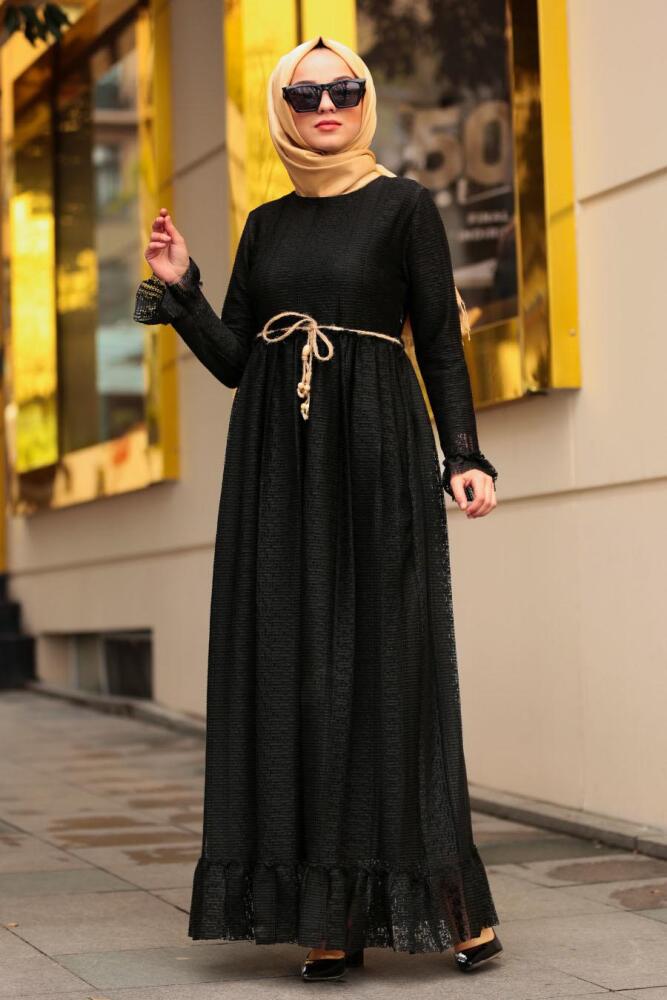 Nayla Collection - Bağcıklı Siyah Tesettür Elbise 3365S - 1