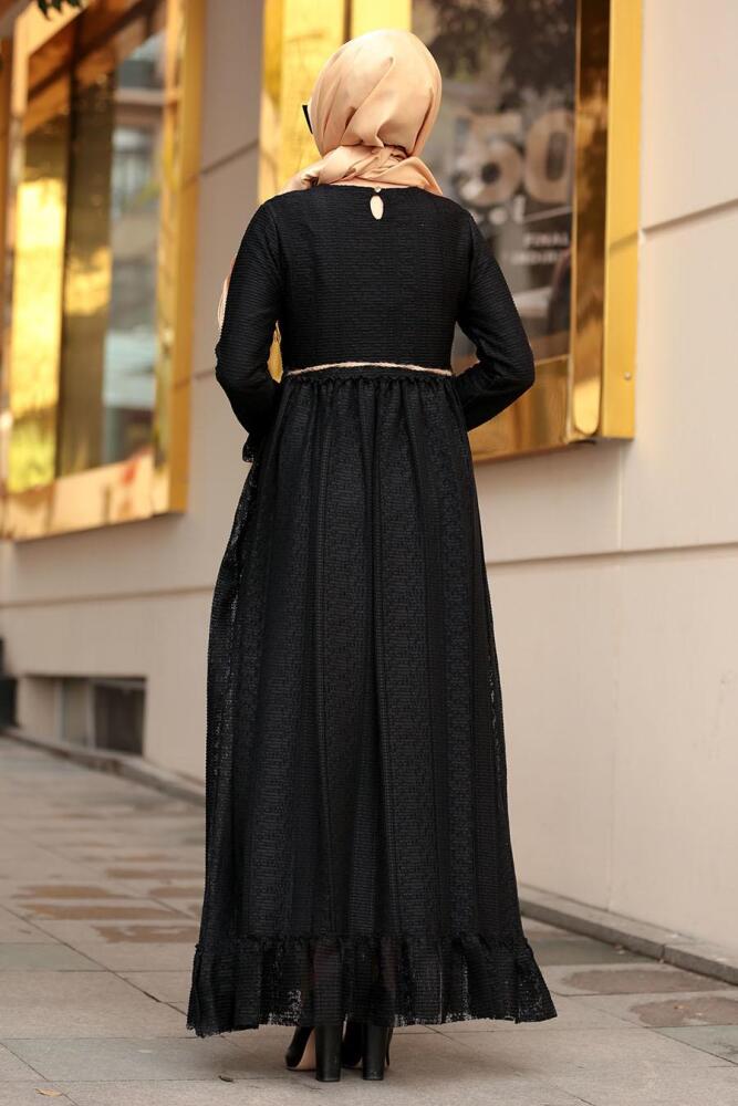 Nayla Collection - Bağcıklı Siyah Tesettür Elbise 3365S - 2