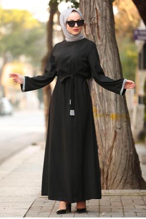 Nayla Collection - Bağcıklı Siyah Tesettür Elbise 42640S - 1