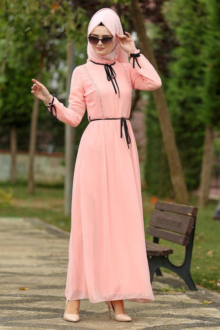 Nayla Collection - Bağcıklı Somon Tesettür Elbise 100434SMN