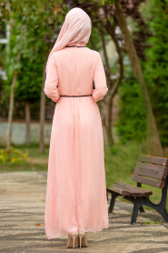 Nayla Collection - Bağcıklı Somon Tesettür Elbise 100434SMN - Thumbnail