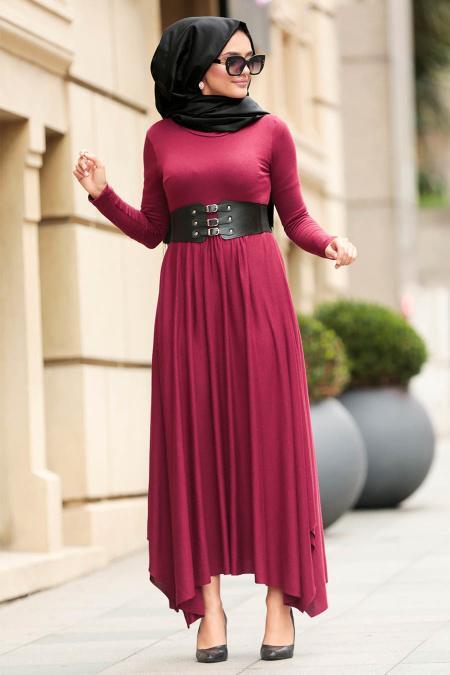 Nayla Collection - Balıkçı Yaka Bordo Tesettür Elbise 3190BR - 1