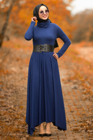 Nayla Collection - Balıkçı Yaka İndigo Mavisi Tesettür Elbise 3190IM - Thumbnail