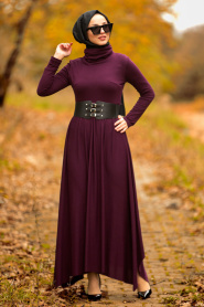 Nayla Collection - Balıkçı Yaka Mürdüm Tesettür Elbise 3190MU - Thumbnail