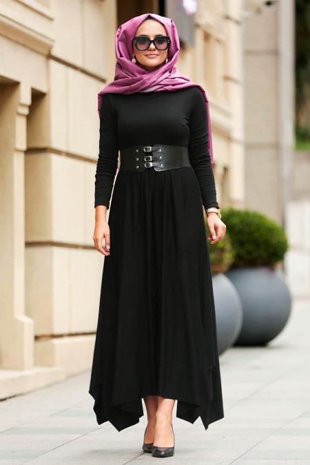 Nayla Collection - Balıkçı Yaka Siyah Tesettür Elbise 3190S - 1