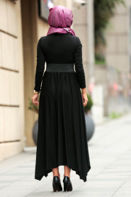 Nayla Collection - Balıkçı Yaka Siyah Tesettür Elbise 3190S - Thumbnail