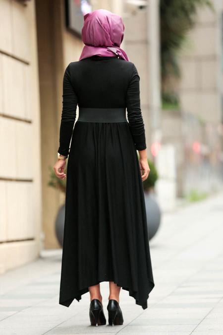 Nayla Collection - Balıkçı Yaka Siyah Tesettür Elbise 3190S - 2