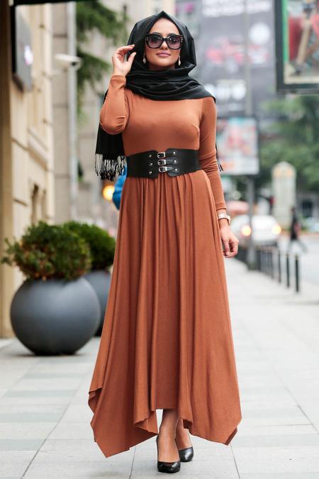 Nayla Collection - Balıkçı Yaka Taba Tesettür Elbise 3190TB - 1