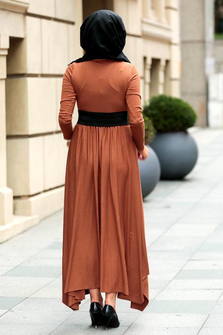 Nayla Collection - Balıkçı Yaka Taba Tesettür Elbise 3190TB - 2