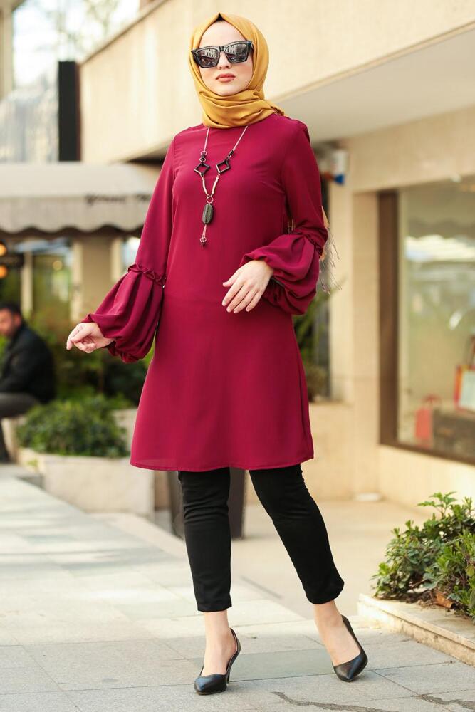 Nayla Collection - Balon Kol Bordo Tesettür Tunik 3009BR - 1
