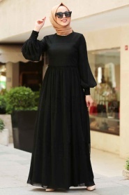 Nayla Collection - Balon Kollu Siyah Tesettür Elbise 3874S - Thumbnail