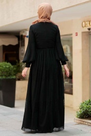 Nayla Collection - Balon Kollu Siyah Tesettür Elbise 3874S - Thumbnail