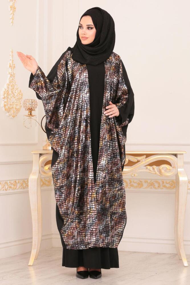 Nayla Collection - Baskılı Siyah Tesettür Abaya 9031S - 1