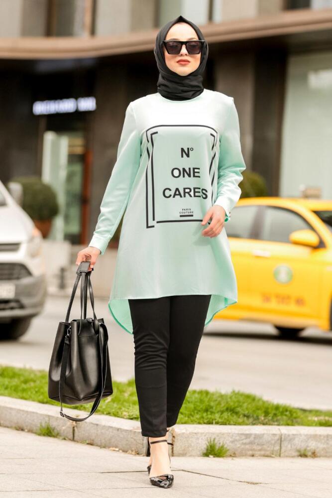 Nayla Collection- Baskılı Turkuaz Tesettür Tunik 2697TR - 1