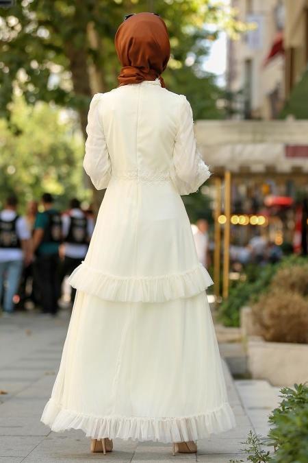 Eteği Tüllü Bej Tesettür Elbise 3708BEJ - 2