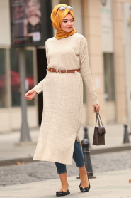 Nayla Collection - Beige Hijab Knitwear Tunic 15436BEJ - Thumbnail
