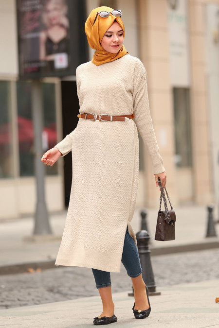 Nayla Collection - Beige Hijab Knitwear Tunic 15436BEJ