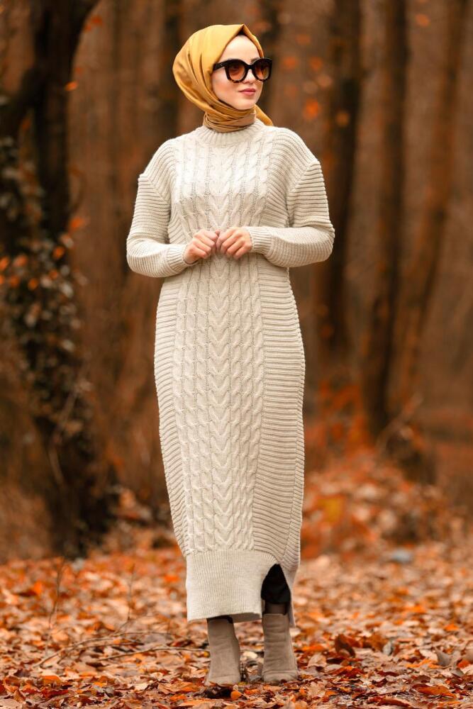 Nayla Collection - Bej Tesettür Triko Elbise 2111BEJ - 2