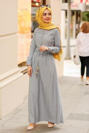 Nayla Collection - Belden Bağcıklı Gri Tesettür Elbise 31751GR - 1