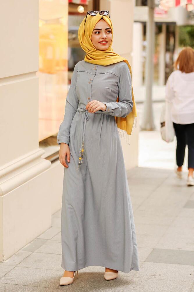Nayla Collection - Belden Bağcıklı Gri Tesettür Elbise 31751GR - 1