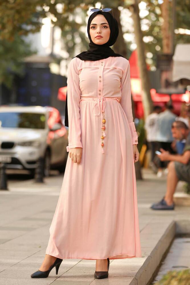 Nayla Collection - Belden Bağcıklı Somon Tesettür Elbise 31751SMN - 1