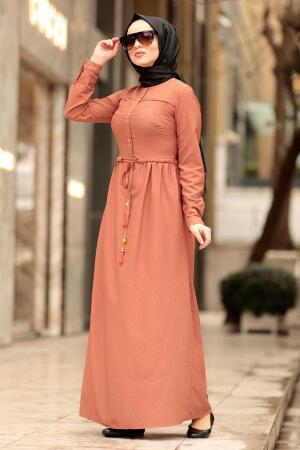 Nayla Collection - Belden Bağcıklı Taba Tesettür Elbise 31751TB - 1