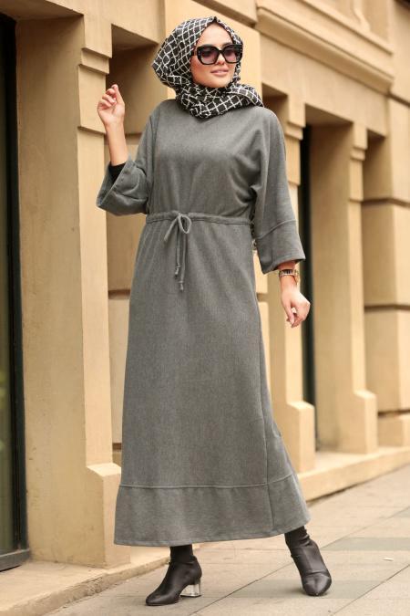 Nayla Collection - Belden Büzgülü Füme Tesettür Elbise 7001FU - 1