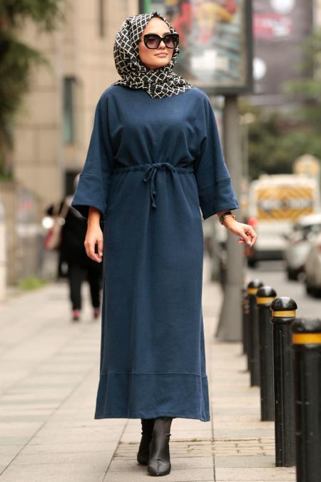 Nayla Collection - Belden Büzgülü İndigo Mavisi Tesettür Elbise 7001IM - 1
