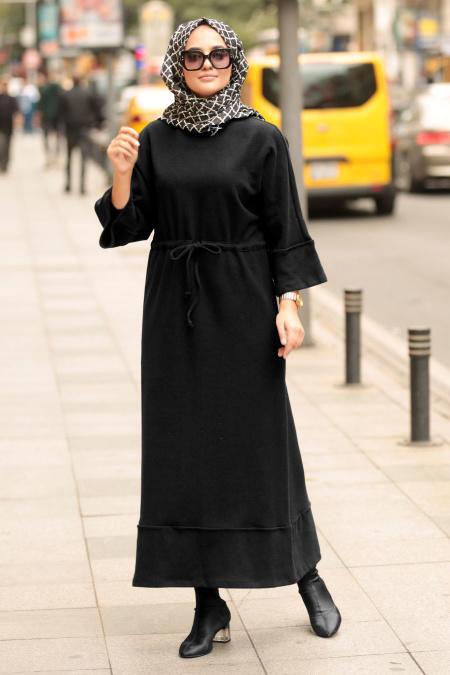 Nayla Collection - Belden Büzgülü Siyah Tesettür Elbise 7001S - 1