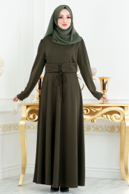 Nayla Collection - Belden Kemer Detaylı Haki Tesettür Elbise 20960HK - Thumbnail