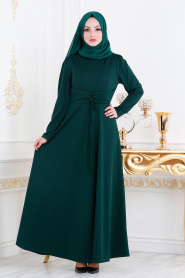 Nayla Collection - Belden Kemer Detaylı Koyu Yeşil Tesettür Elbise 20960KY - Thumbnail