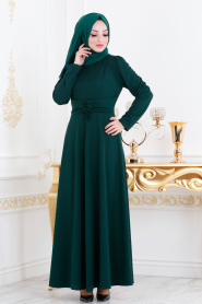 Nayla Collection - Belden Kemer Detaylı Koyu Yeşil Tesettür Elbise 20960KY - Thumbnail