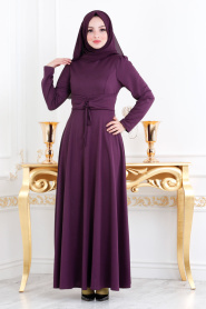 Nayla Collection - Belden Kemer Detaylı MorTesettür Elbise 20960MOR - Thumbnail