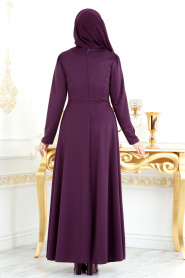 Nayla Collection - Belden Kemer Detaylı MorTesettür Elbise 20960MOR - Thumbnail