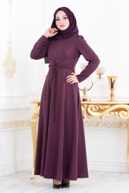 Nayla Collection - Belden Kemer Detaylı Mürdüm Tesettür Elbise 20960MU - Thumbnail