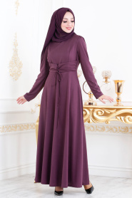 Nayla Collection - Belden Kemer Detaylı Mürdüm Tesettür Elbise 20960MU - Thumbnail