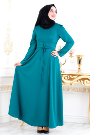 Nayla Collection - Belden Kemer Detaylı Petrol Mavisi Tesettür Elbise 20960PM - Thumbnail