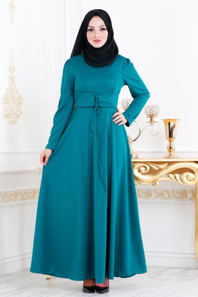 Nayla Collection - Belden Kemer Detaylı Petrol Mavisi Tesettür Elbise 20960PM - 1