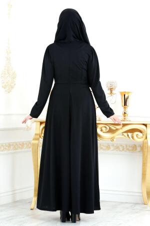 Nayla Collection - Belden Kemer Detaylı Siyah Tesettür Elbise 20960S - 3