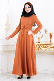 Nayla Collection - Belden Kemer Detaylı Taba Tesettür Elbise 20960TB - Thumbnail