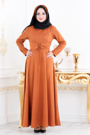 Nayla Collection - Belden Kemer Detaylı Taba Tesettür Elbise 20960TB - Thumbnail