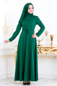 Nayla Collection - Belden Kemer Detaylı Yeşil Tesettür Elbise 20960Y - Thumbnail