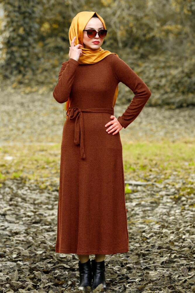 Nayla Collection - Belden Kemerli Kiremit Tesettür Elbise 1602KRMT - 1