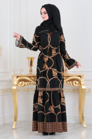 Nayla Collection - Beli Büzgülü Siyah Tesettür Elbise 8471S - Thumbnail