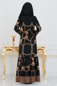 Nayla Collection - Beli Büzgülü Siyah Tesettür Elbise 8471S - Thumbnail