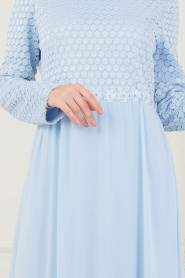 Nayla Collection - Beli Çiçek Desenli Bebek Mavisi Tesettür Elbise 100420BM - Thumbnail