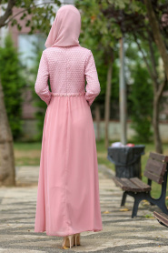 Nayla Collection - Beli Çiçek Desenli Pudra Tesettür Elbise 100420PD - Thumbnail
