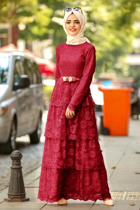 Nayla Collection - Beli Çiçek Detaylı Bordo Tesettür Elbise 100422BR