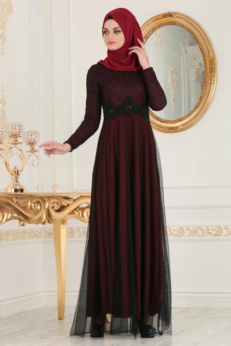 Nayla Collection - Beli Dantel Detaylı Tüllü Bordo Tesettür Abiye Elbise 38214BR - 2