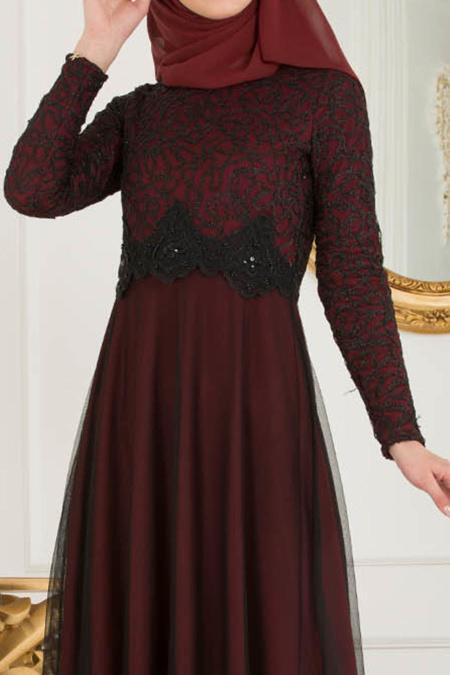 Nayla Collection - Beli Dantel Detaylı Tüllü Bordo Tesettür Abiye Elbise 38214BR - 4